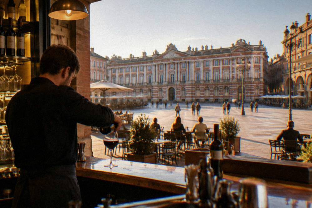 A bartender pouring wine behind a warmly lit Toulouse bar counter