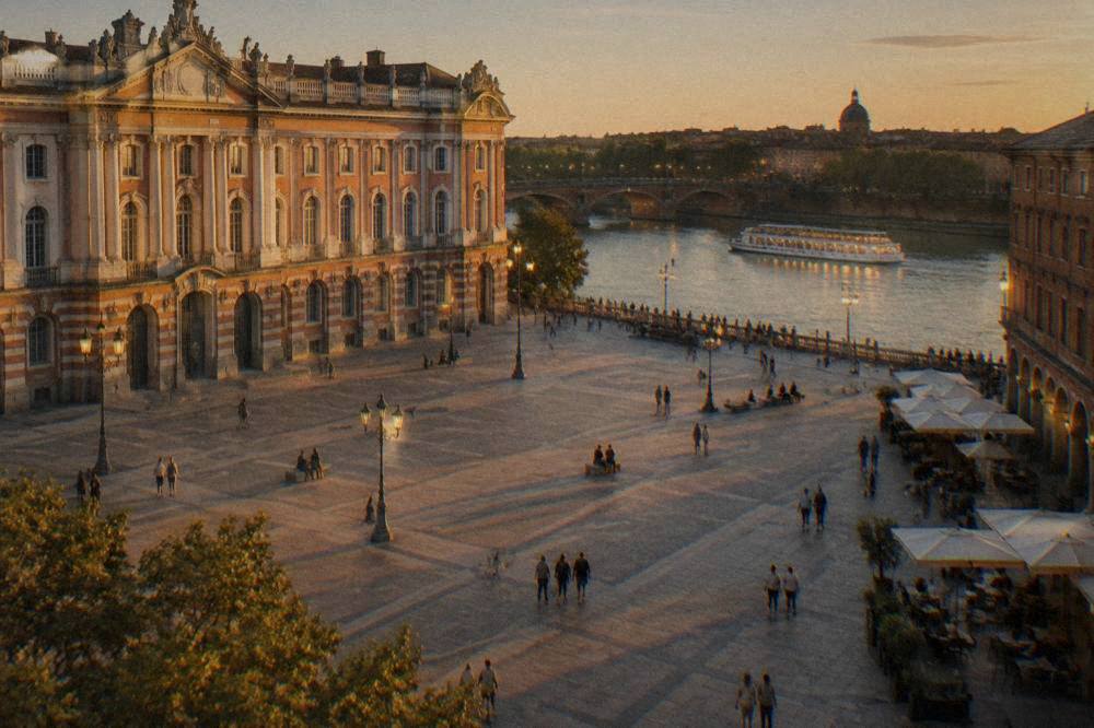 A river cruise boat lit up at dusk on the Garonne in Toulouse