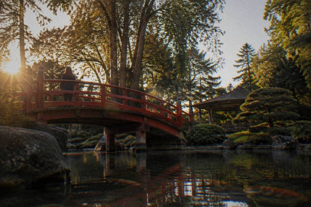 Red wooden bridge over a koi pond in the Japanese Garden in Toulouse