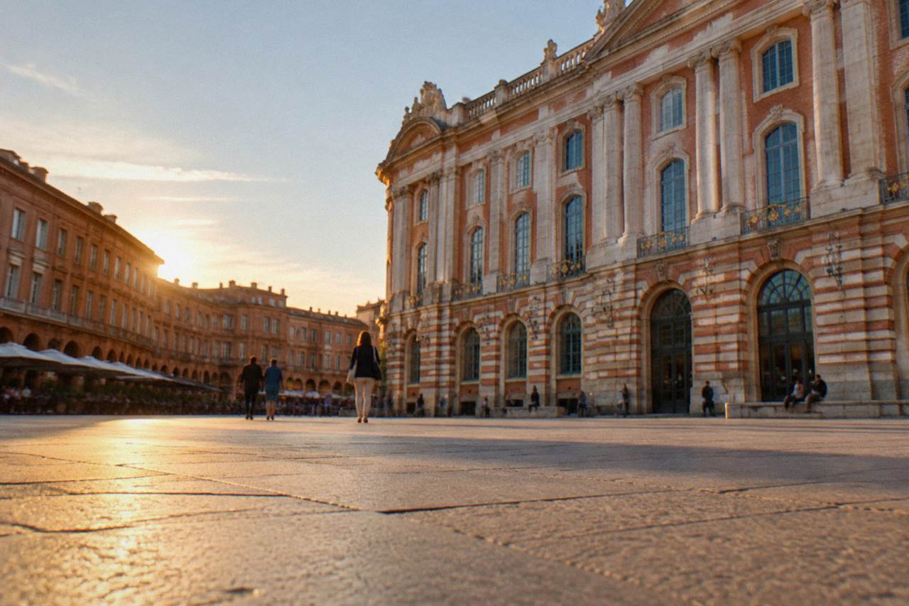 The pink brick facade and square of the Toulouse tourist office near the Capitole