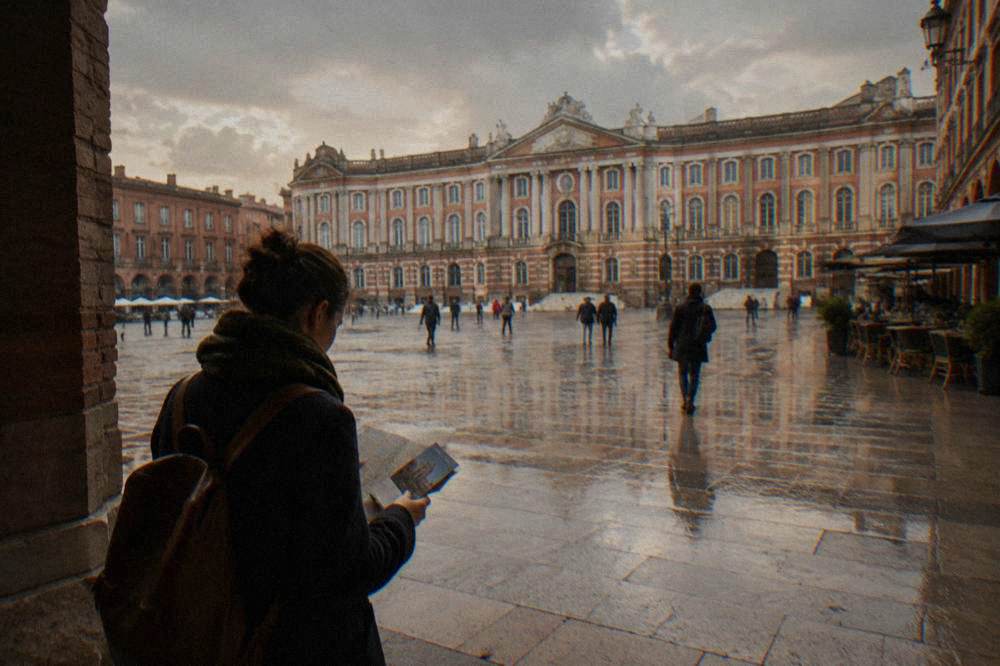 A traveler comparing a city pass and a museum map at a cafe table in Toulouse