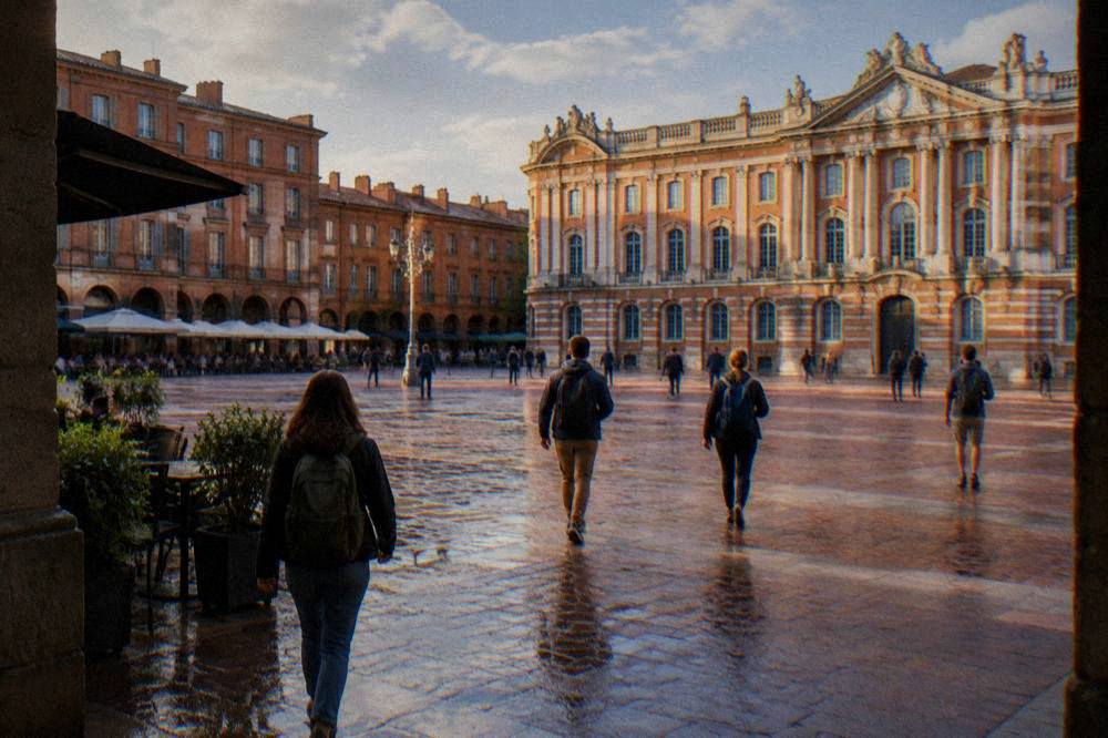 Travelers walking with backpacks across a pink brick square in central Toulouse