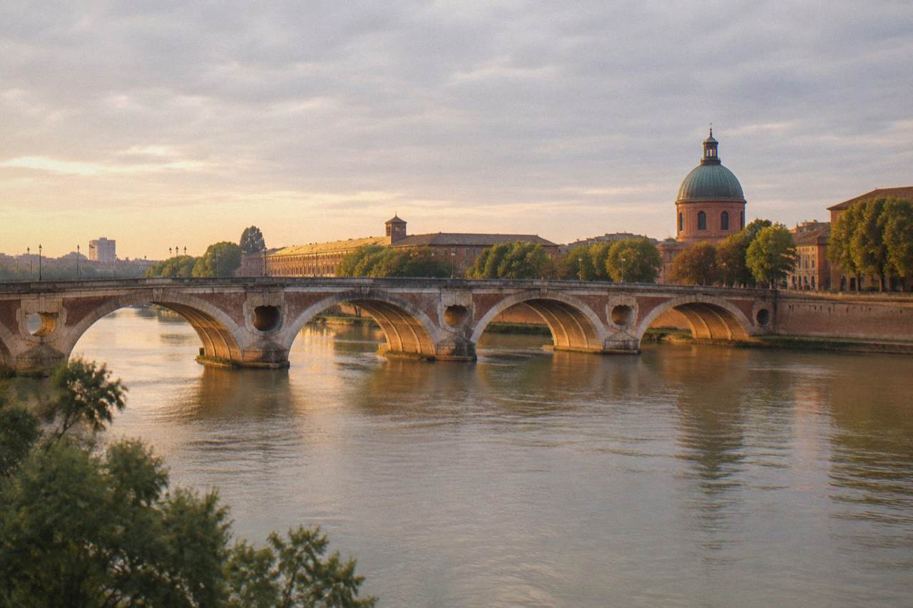 The Pont Neuf bridge over the Garonne river in Toulouse with warm evening light on the water