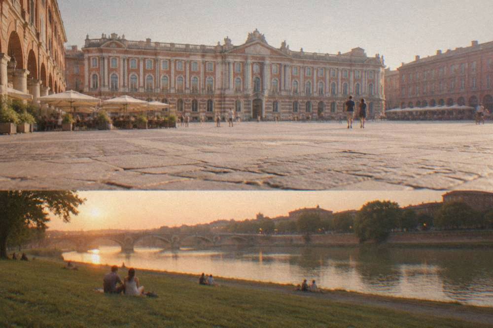 A grassy riverbank park beside the Garonne in Toulouse at dusk with the bridge lit in the distance