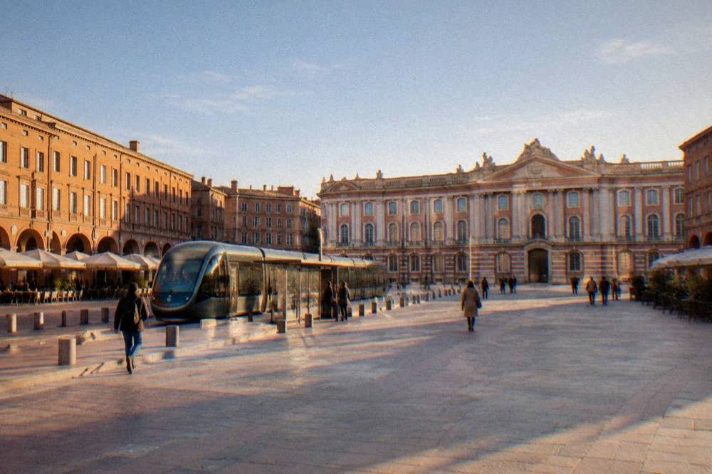 A modern tram stopped at a station platform in Toulouse