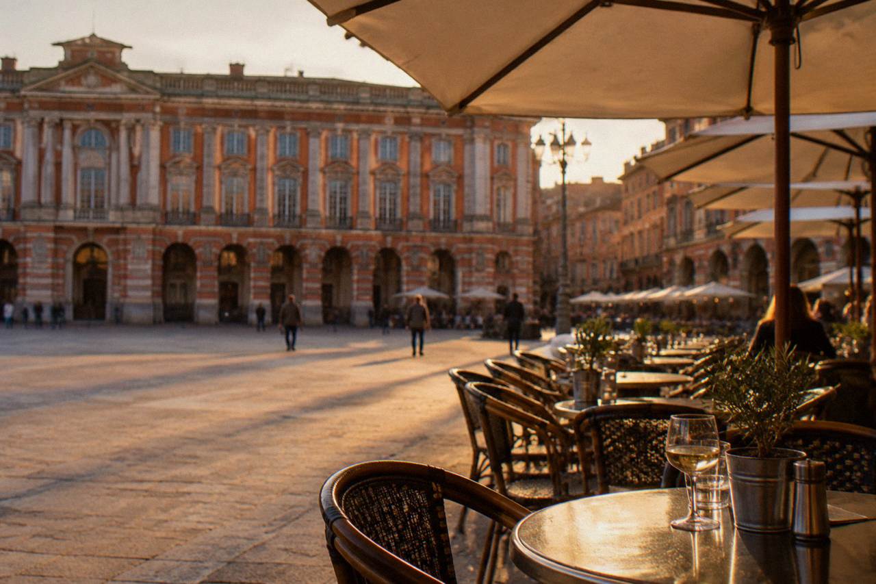 An outdoor restaurant terrace on a Toulouse square with pink brick facades in the evening light