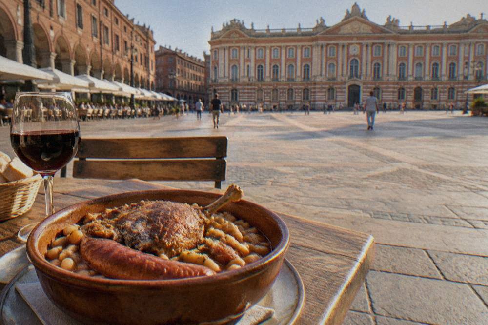 A bowl of cassoulet with white beans, sausage and duck confit on a rustic table