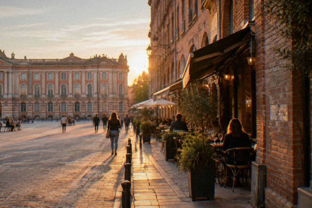 A narrow Toulouse street with small restaurants and pink brick walls in the evening