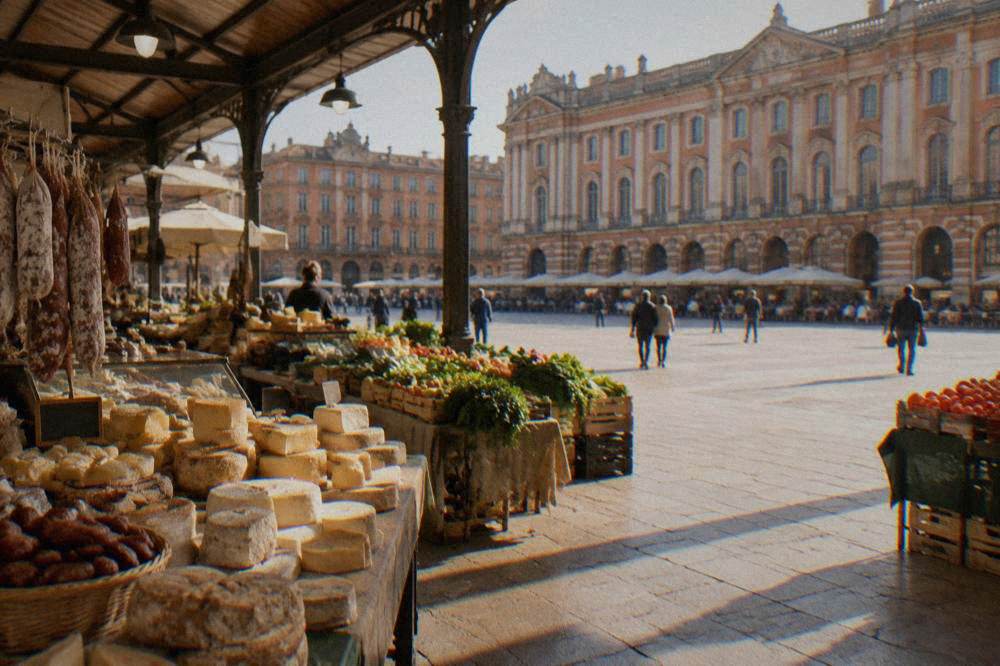 A covered market hall with food stalls selling cheese, sausage and fresh produce