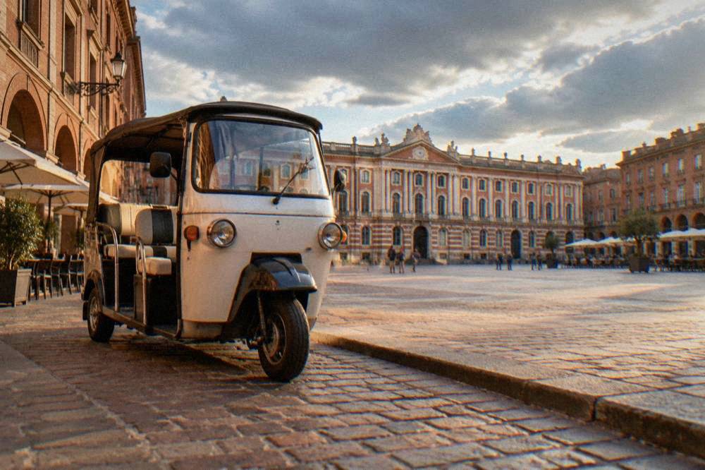 An electric tuk-tuk parked on a narrow pink brick street in central Toulouse
