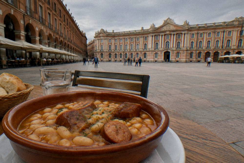 A clay cassoulet dish with beans and sausage on a wooden restaurant table