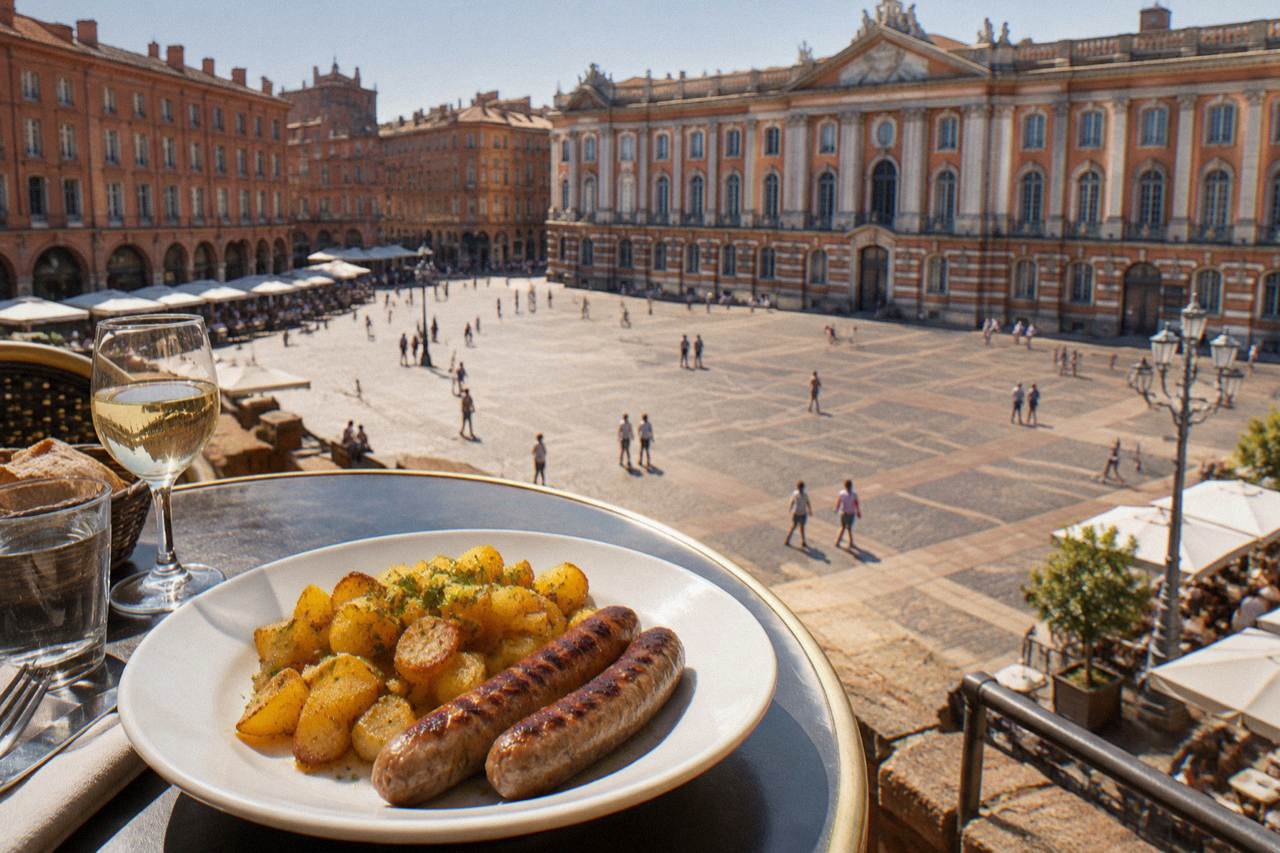 A plate of grilled Toulouse sausages served with potatoes on a restaurant table