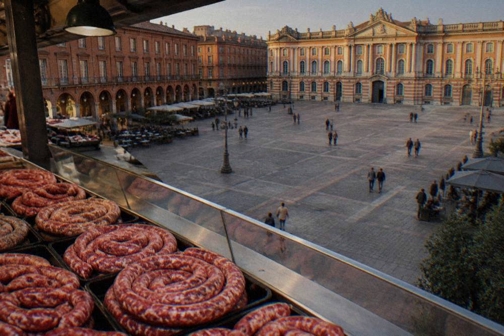 Raw Toulouse sausages coiled on a butcher counter at a covered market
