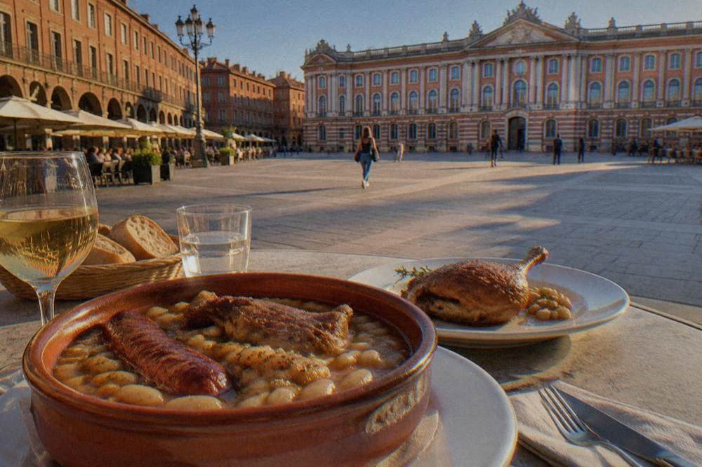 A clay dish of cassoulet with beans, sausage and duck confit served on a table