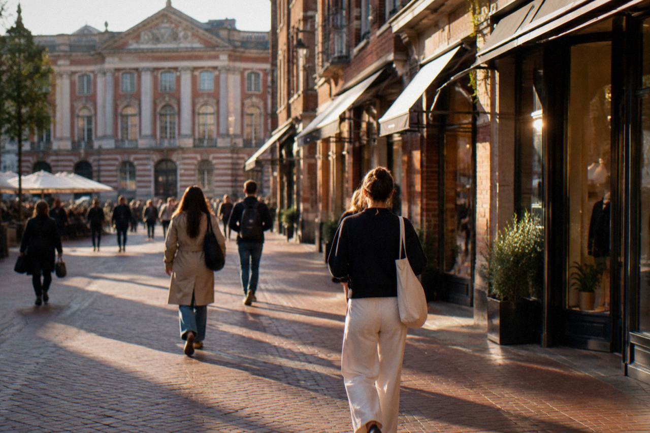 Shoppers walking along a pink-brick street in central Toulouse with storefront awnings