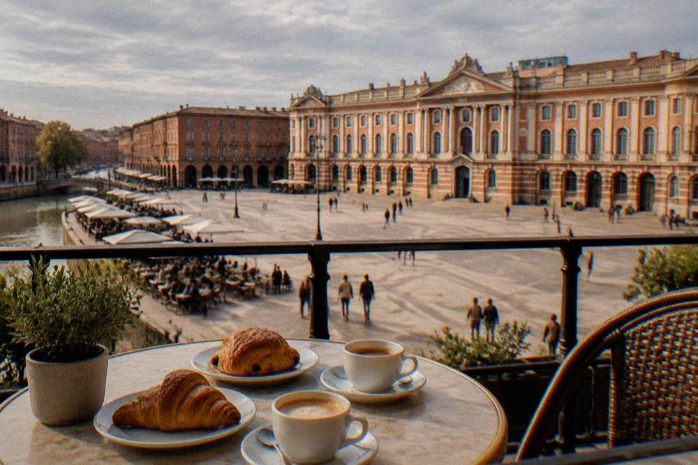 A table with coffee and pastries on a quiet Toulouse terrace in morning light