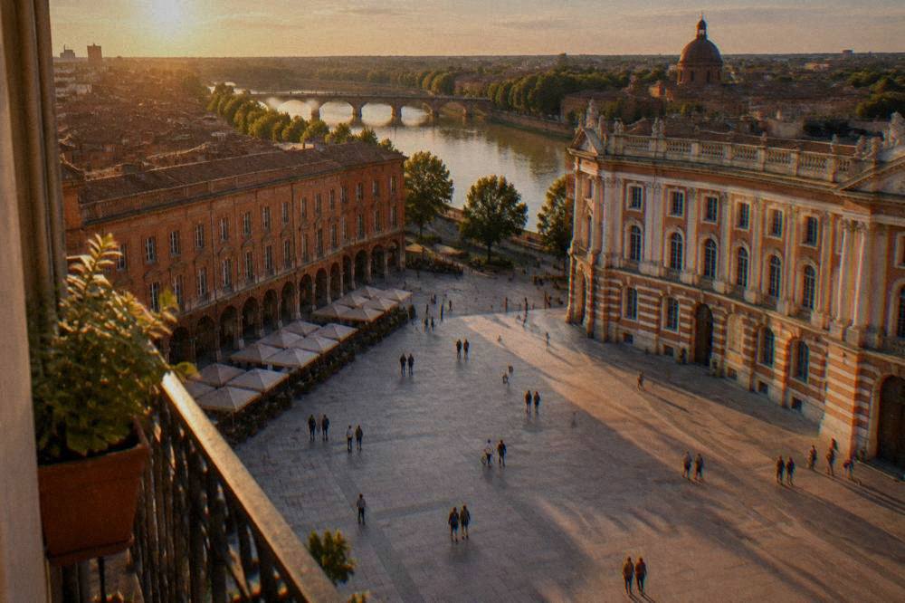 A hotel room balcony overlooking red brick rooftops toward a river bridge at sunset