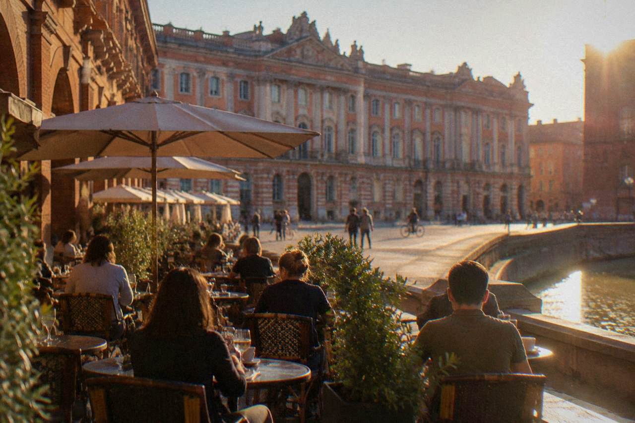 A cafe terrace with pink brick buildings in the background on a sunny day in Toulouse
