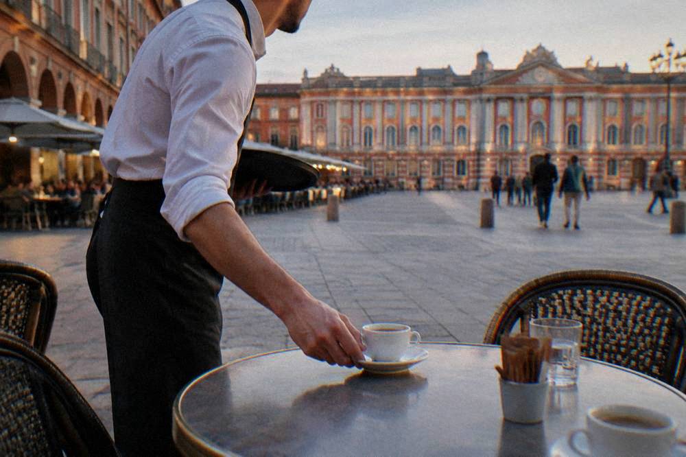 A waiter setting down a coffee on an outdoor restaurant table