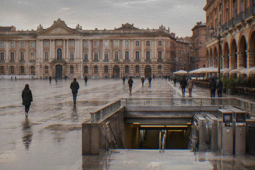 A metro station entrance with ticket machines in Toulouse