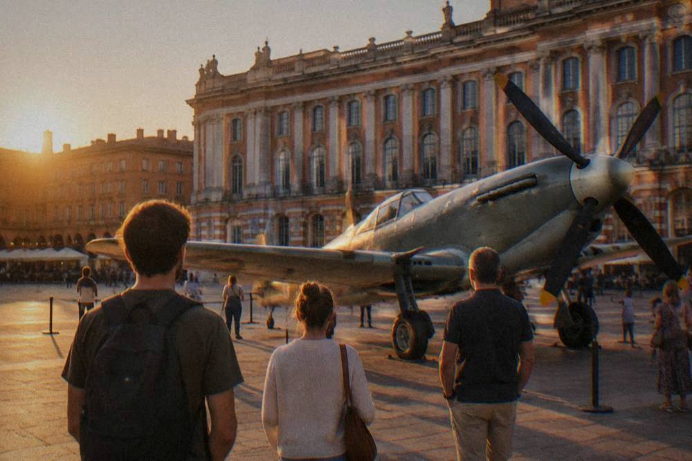Visitors looking at a full-size aircraft in a large museum hangar