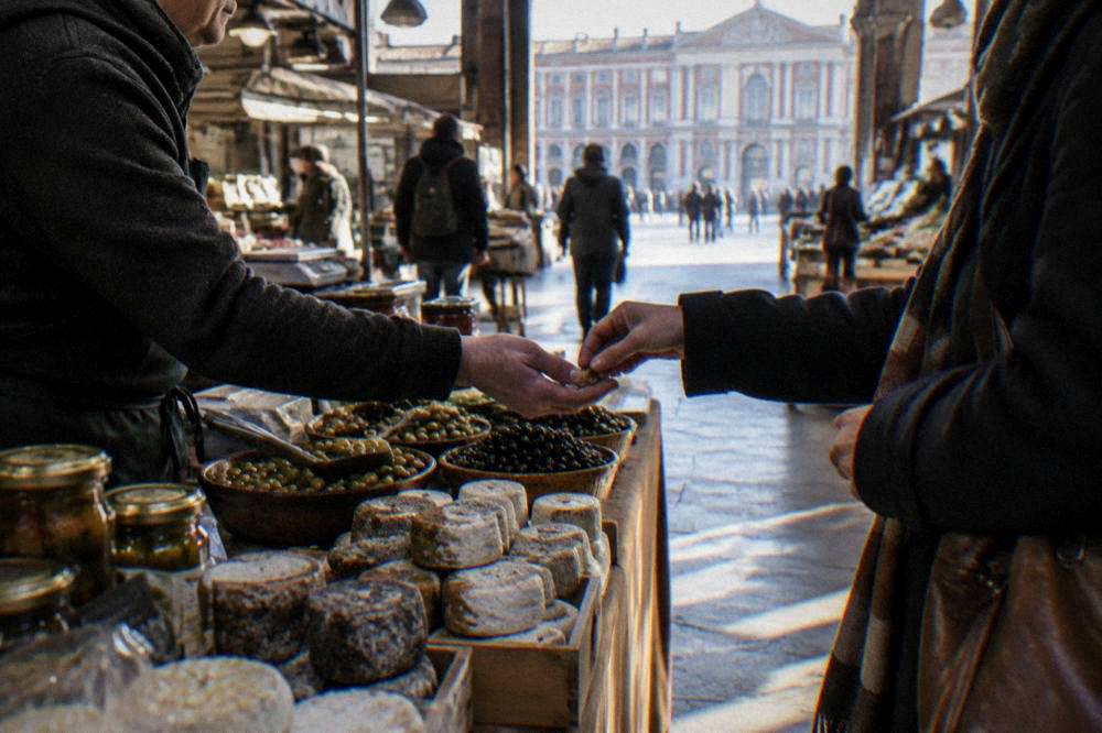 A shopper handing coins to a stallholder at an indoor market