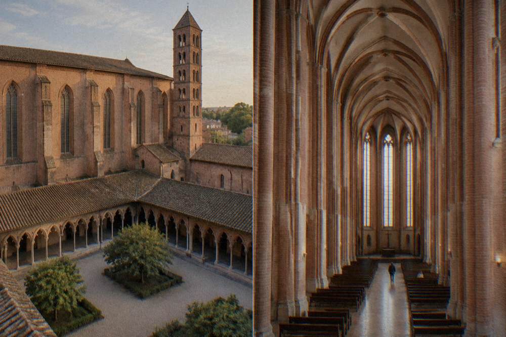 The nave and columns of the Couvent des Jacobins church interior in Toulouse