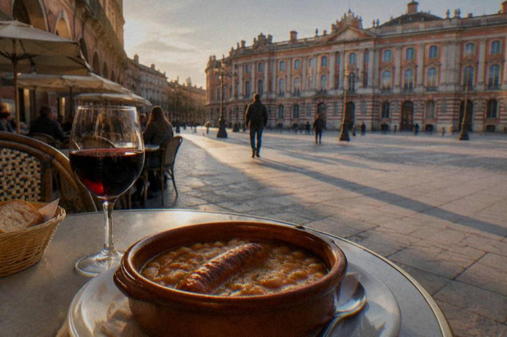 An evening table with a cassoulet dish and a glass of red wine on a Toulouse restaurant terrace