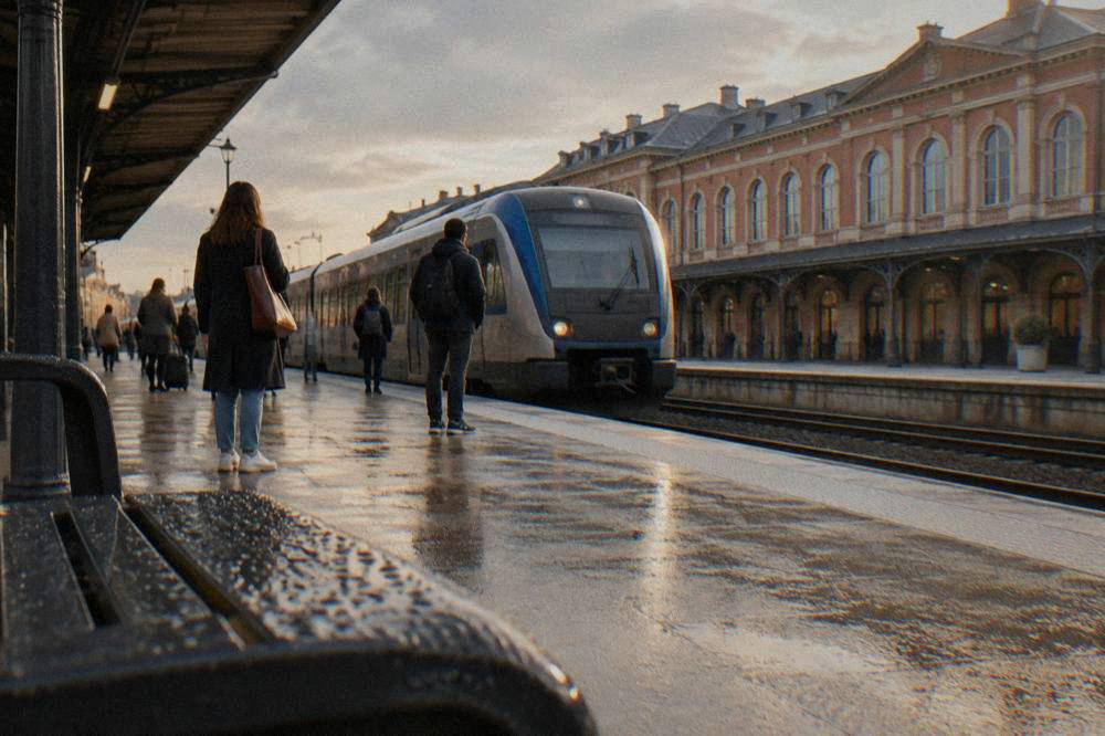 A train platform at a French railway station with passengers waiting beside a regional train