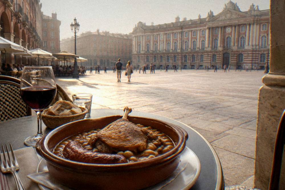 A bowl of cassoulet with beans, sausage and duck confit on a restaurant table