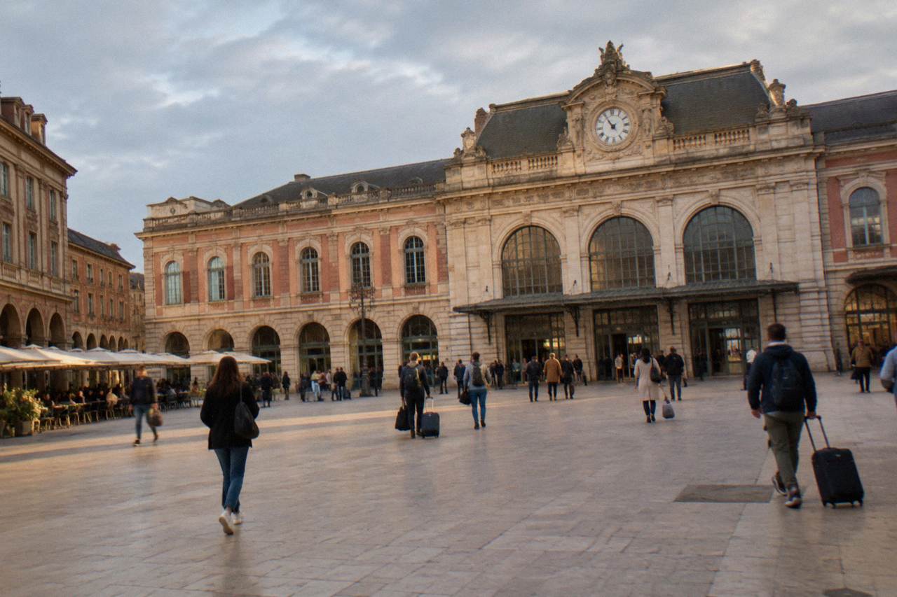 The stone facade and clock of Toulouse Matabiau railway station with travelers outside