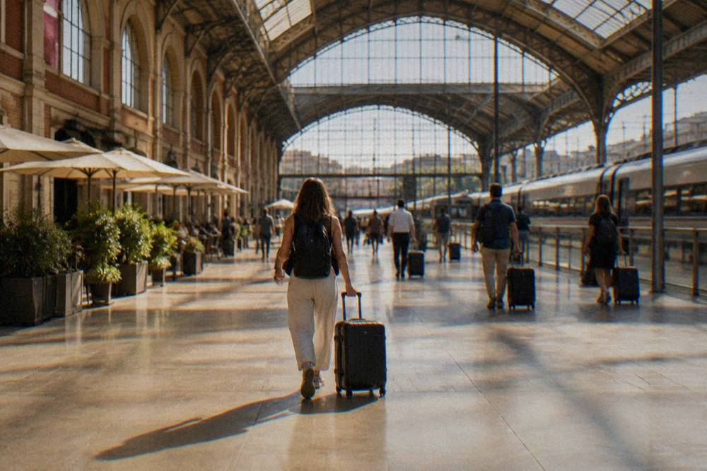 Travelers with suitcases crossing the concourse of Toulouse Matabiau Station beneath departure boards