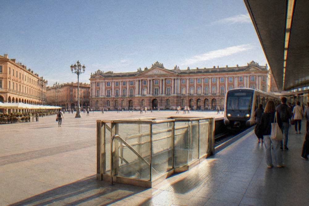 A Toulouse metro station platform with a train arriving and passengers waiting