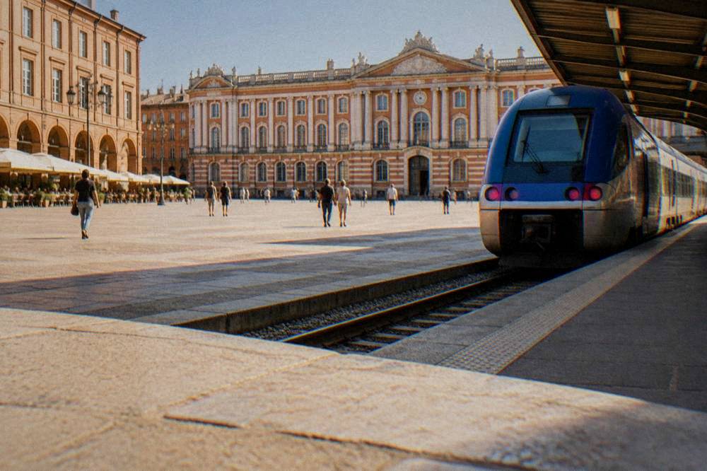 A regional train at a platform in Toulouse Matabiau Station ready to depart