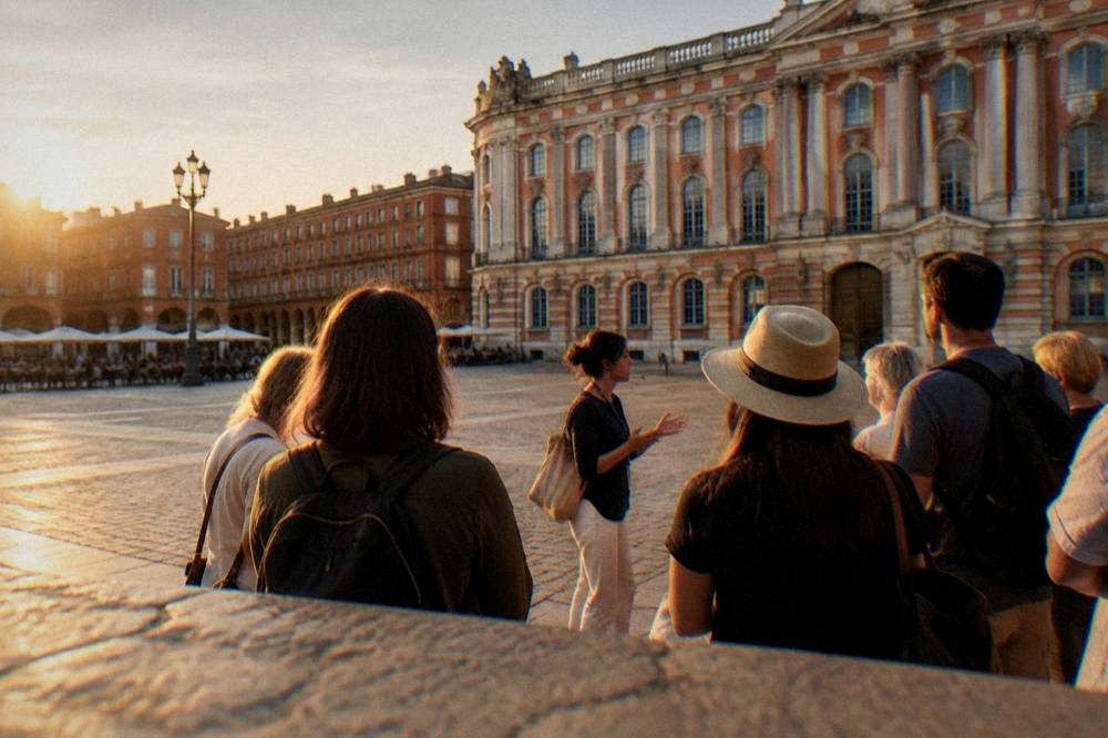 A guided walking group pausing in a Toulouse square while a guide speaks to visitors