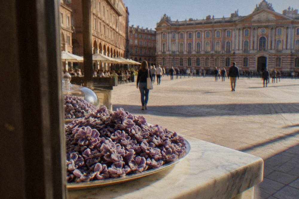 Crystallized candied violets arranged on a marble confectioner's counter