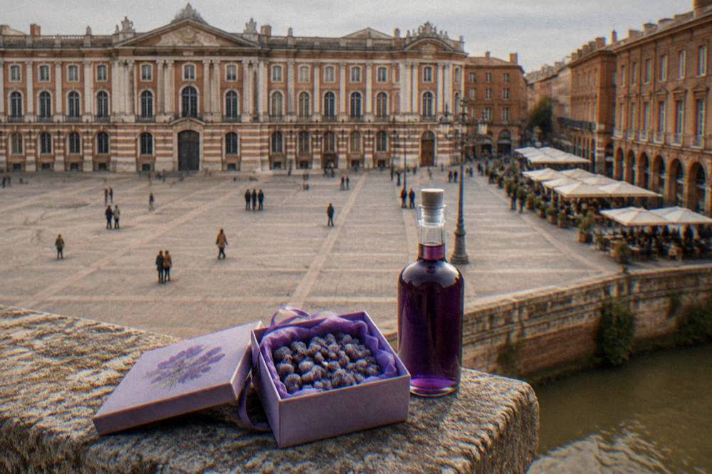 A gift box of candied violets and a bottle of violet syrup ready for packing