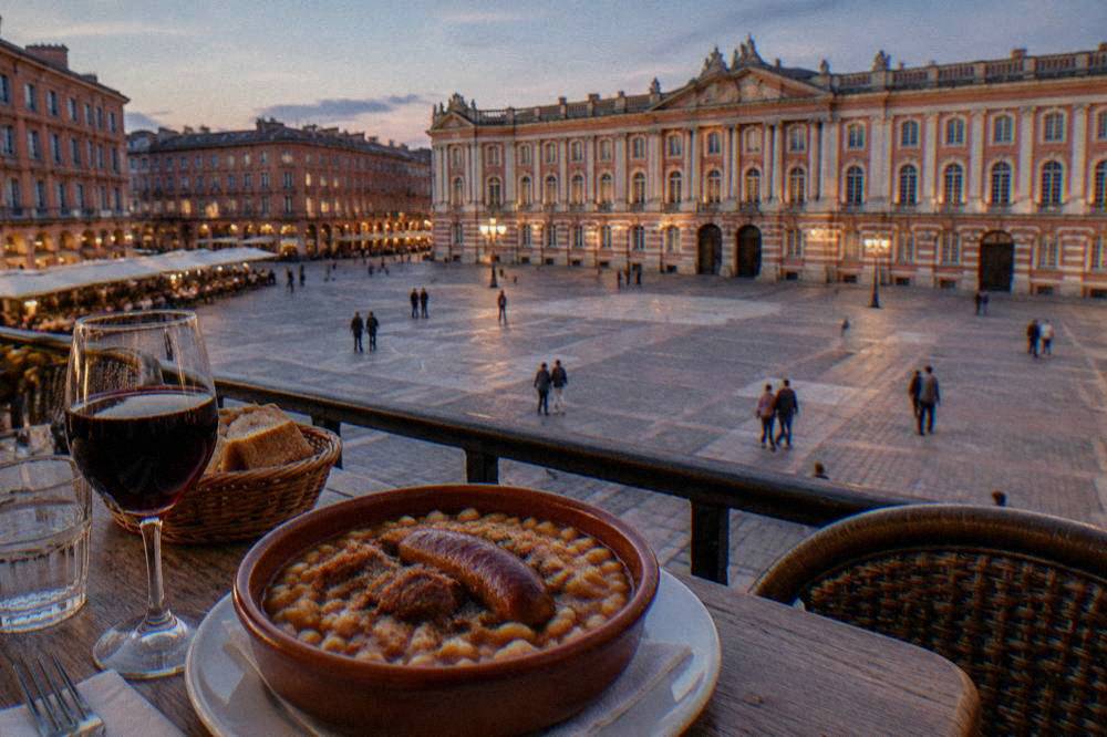 A bowl of cassoulet with Toulouse sausage and white beans on a restaurant table
