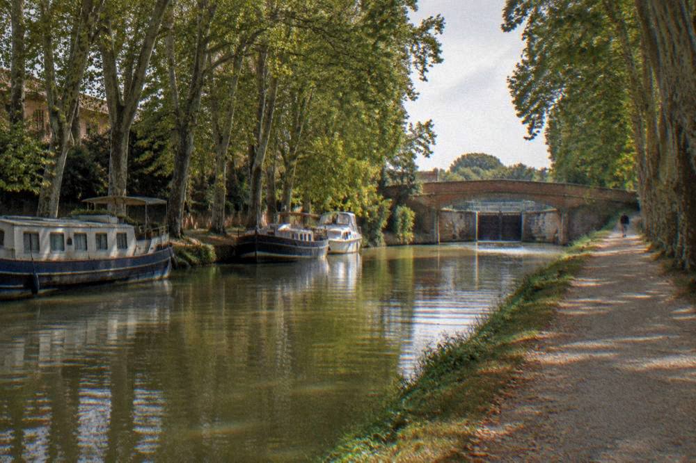 Boats moored along the Canal du Midi under plane trees near Toulouse
