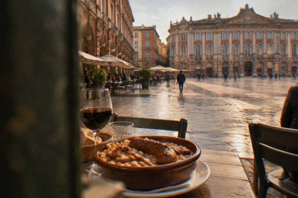 A plate of cassoulet with sausage and white beans on a wooden table in Toulouse