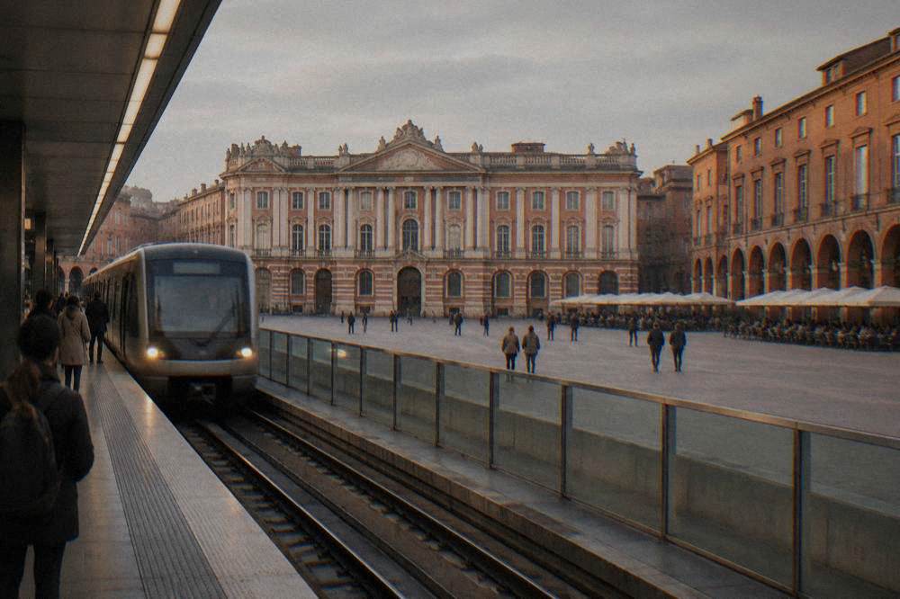 A Toulouse metro station platform with a modern train arriving