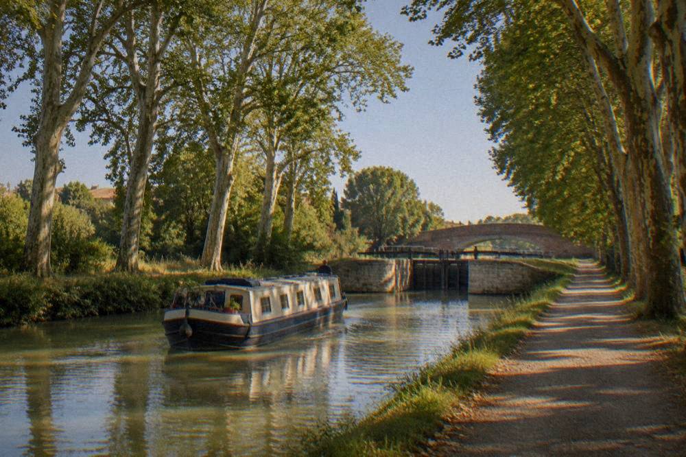 A canal boat gliding under plane trees on the Canal du Midi near Toulouse