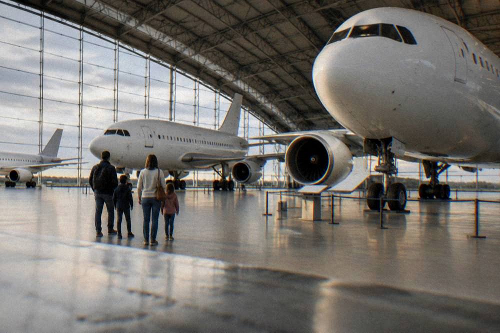 A family looking at aircraft inside the Aeroscopia museum hall