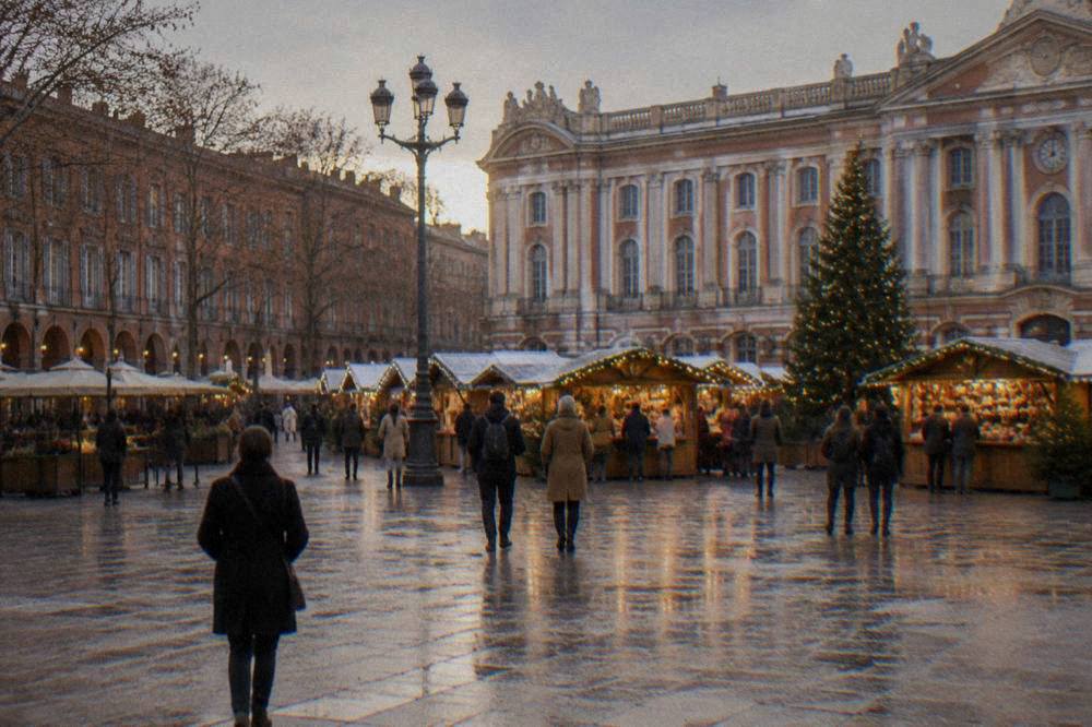 A lit Christmas market with wooden chalets in front of the Capitole in Toulouse