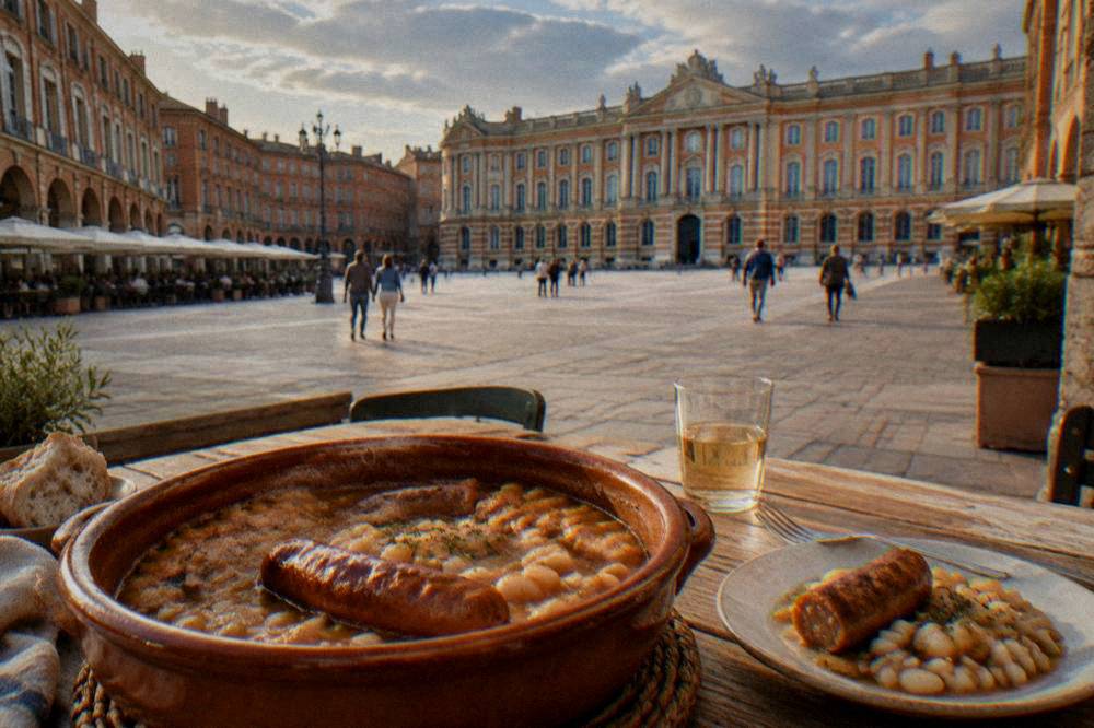 Casserole dish of cassoulet with sausage and beans served on a rustic table