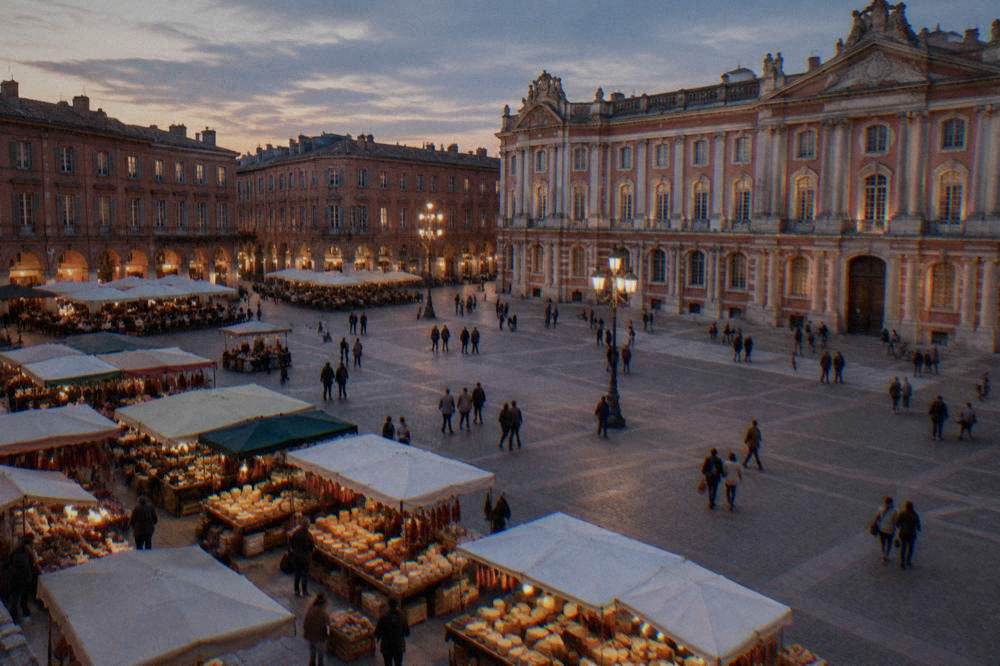 Market stalls with cheeses, sausages and breads in a Toulouse market hall