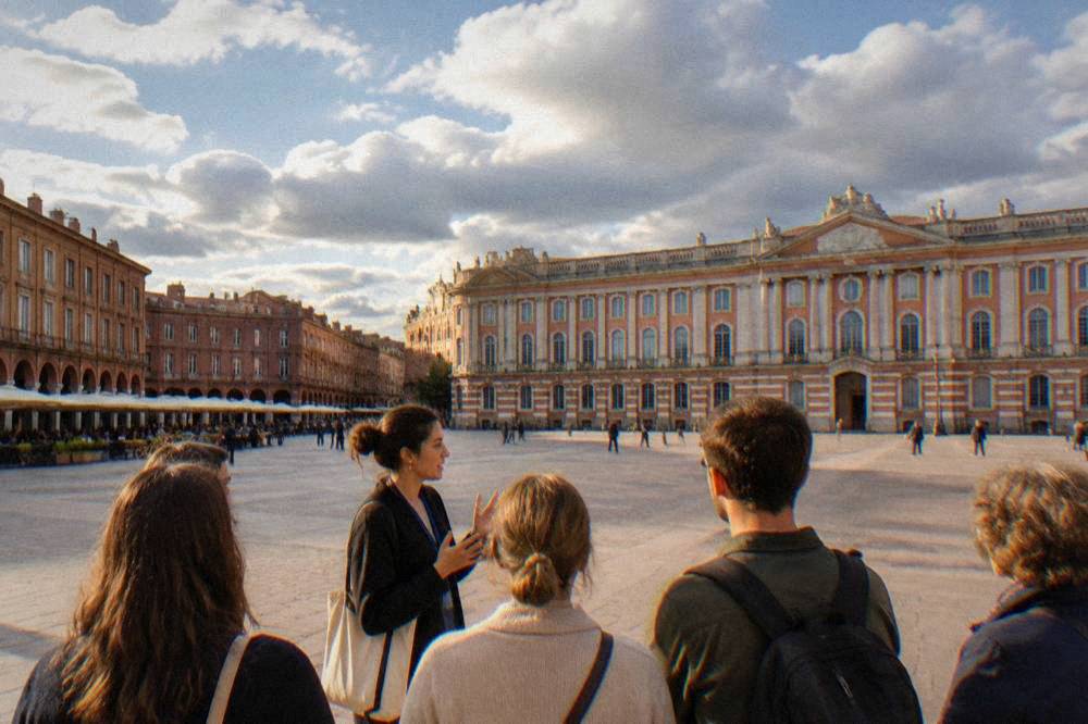 A tour guide speaking to a small group in a Toulouse square