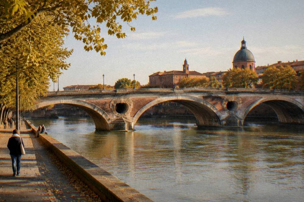 Autumn light on the Pont Neuf and the Garonne river in Toulouse with golden leaves along the bank