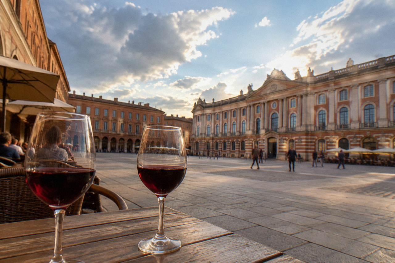 Glasses of red wine on a wooden table beside a pink brick Toulouse building