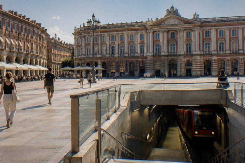 A red metro train pulling into a station in Toulouse